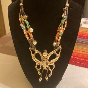 Boho hammered bright gold tone butterfly pendant necklace w/multi-colored beads